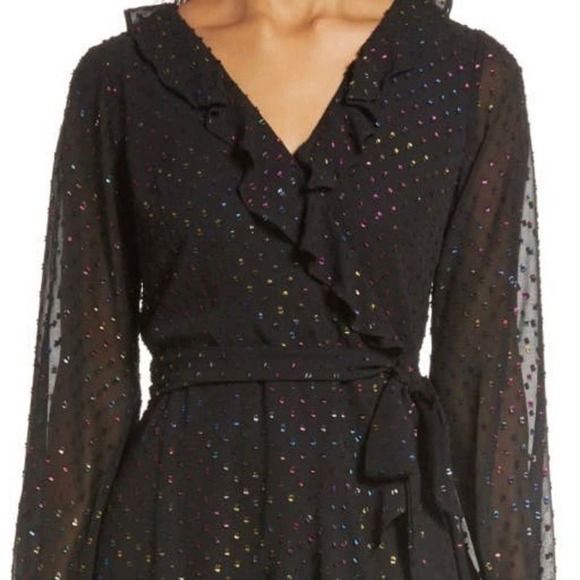 JULIA JORDAN Metallic Dot Faux Wrap Long Sleeve Ruffle Dress In Black Multi sz 4 - Picture 1 of 15